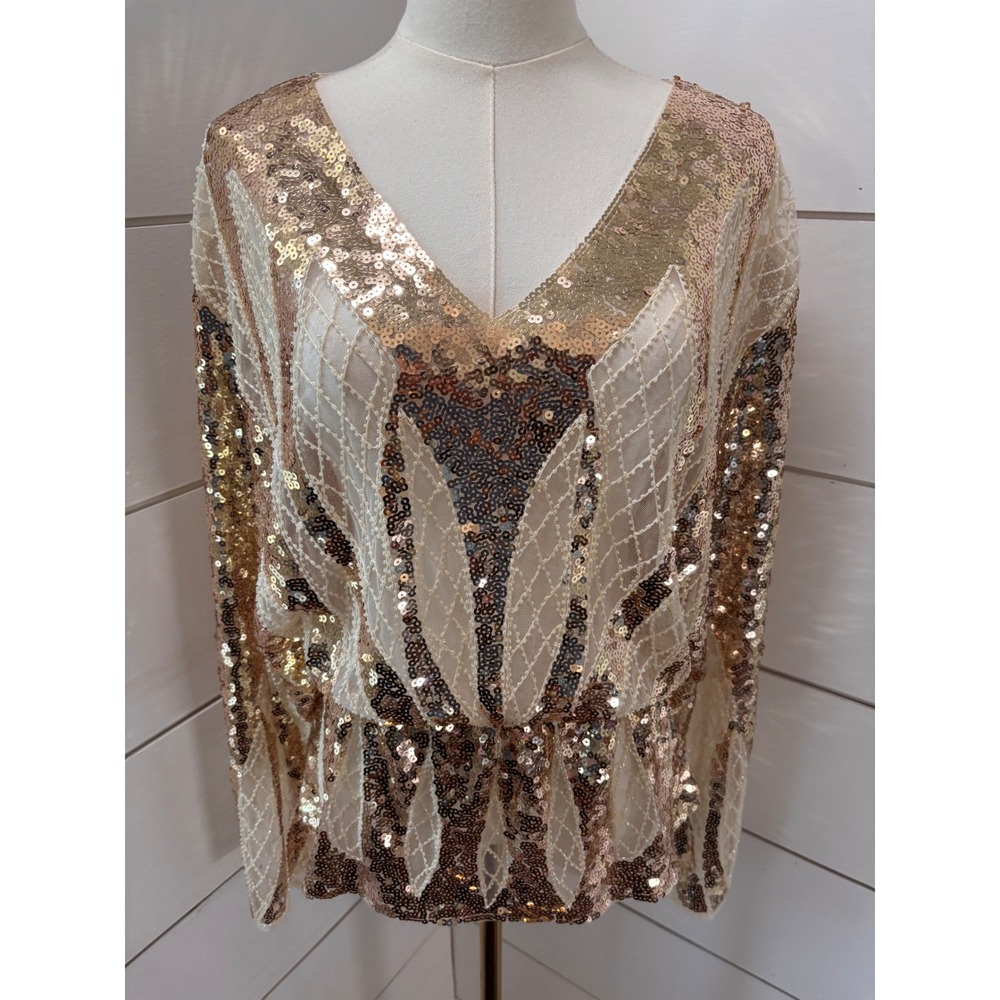 Love & Other Things Sequin Top Women Small Gold V Neck Kimono Sleeve Art Deco